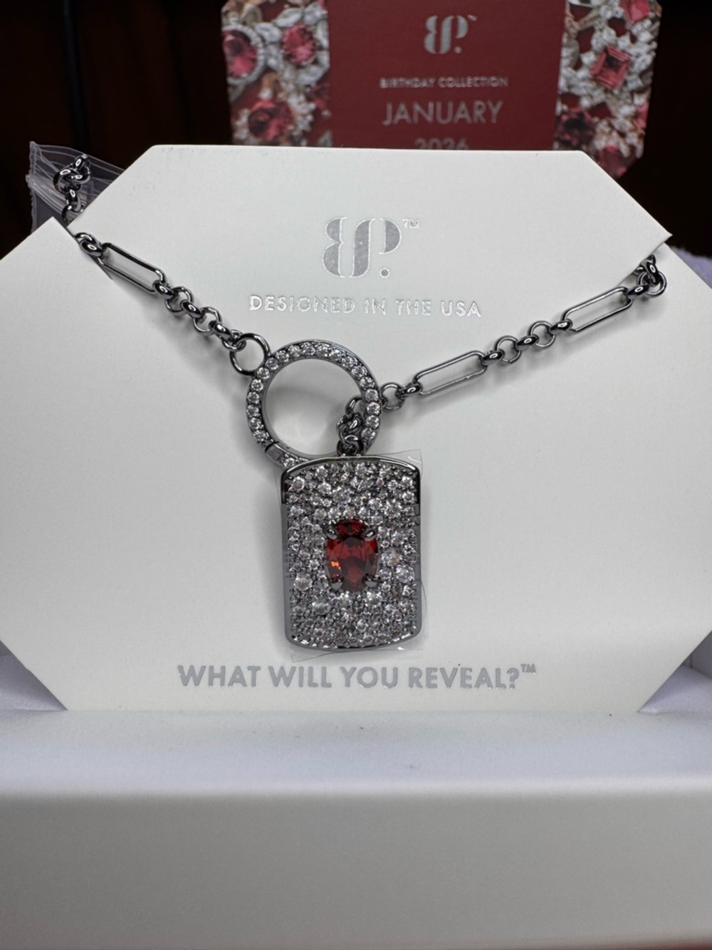 Women’s Silver-Tone Pave Pendant Necklace with Red Center Stone